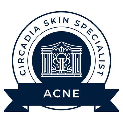 Circular Circadia Skin Specialist badge with an ornate center and a banner reading ACNE.