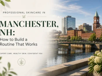 Professional skincare routine guide from The Wax Specialists, over the Manchester, NH skyline